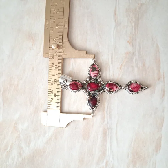 Artisan Handmade Red Rose Dahlia Turquoise 925 Sterling Silver Cross Pendant - Picture 5 of 5